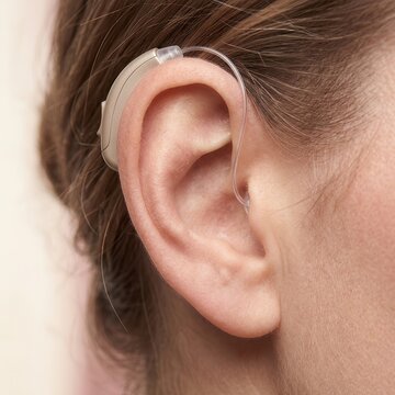 Close-up of woman wearing behind-the-ear hearing aid device
