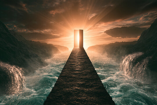 A stone causeway leads toward a glowing doorway rising from turbulent foaming waters amidst jagged misty cliffs under a dramatic sun drenched sky with floating clouds in the horizon