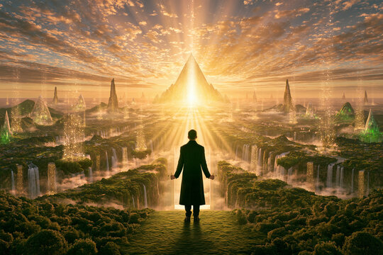 A man in a long coat stands before a glowing monumental pyramid in a fantastical verdant landscape filled with ethereal waterfalls misty canyons and radiant golden celestial light