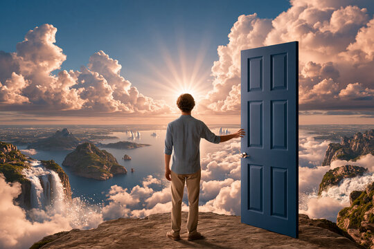 A man stands on a clifftop edge holding a lone blue door open to reveal a surreal breathtaking vista of ocean islands and clouds under a brilliant sunrise