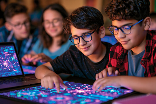 Group of diverse students working together on an interactive digital display featuring glowing geometric network patterns focused on collaborative learning in a high tech classroom setting