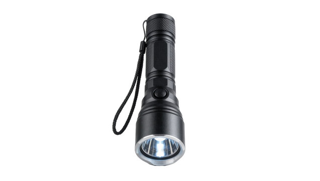 Black handheld LED flashlight with a textured grip and a wrist strap