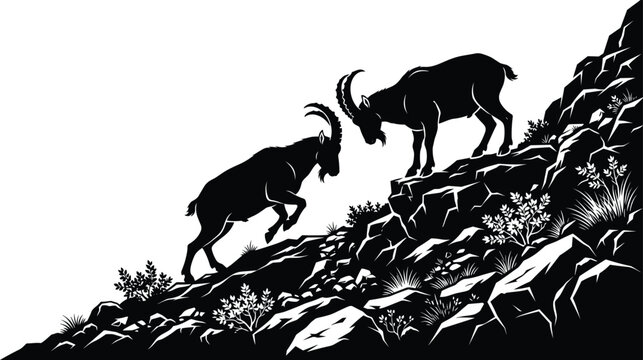 Silhouette of two alpine ibex mountain goats facing off on a steep rocky cliff vector illustration