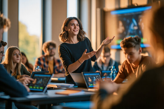 A dynamic classroom scene features a smiling female instructor gesturing while explaining a lesson to a group of engaged young adult students working on their laptops in a bright modern room
