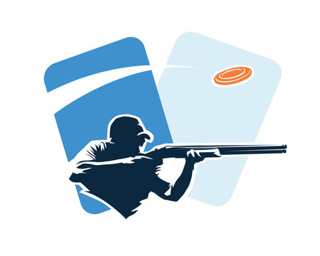 Sport shooter aiming a shotgun. High contrast vector illustration with an orange clay target and a geometric background in blue and light blue.