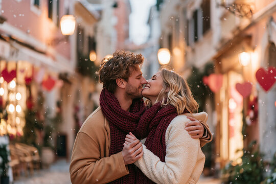 A romantic couple shares a tender moment on a snowy festive street adorned with red hearts celebrating love during a winter evening walk wrapped in cozy scarves and warm coats