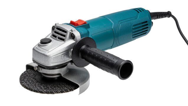 Teal electric angle grinder with black side handle and abrasive cutting disc