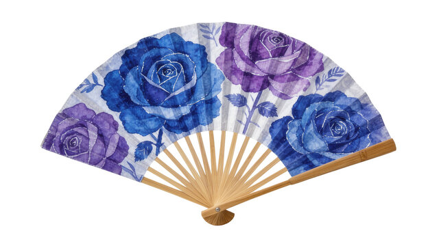 Folding hand fan with blue and purple watercolor rose floral pattern and wood ribs
