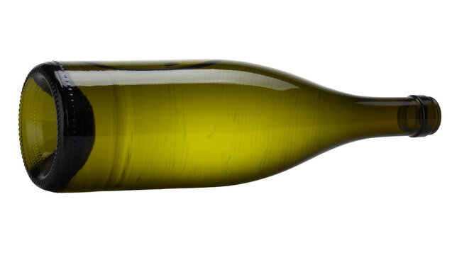 Empty dark green glass wine bottle lying horizontally