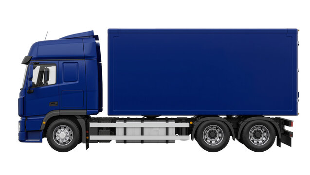 Blue heavy duty semi truck with box trailer side view