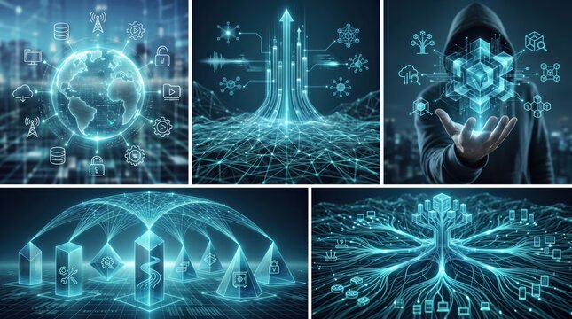Collage of global network infrastructure concepts showing interconnected earth data flow blockchain technology artificial intelligence neural networks and cybersecurity systems...