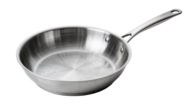 Brushed stainless steel frying pan with long ergonomic handle