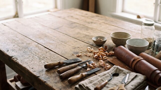 Vintage Woodworking Chisels, Wood Shavings and Leather Roll on Rustic Craftsman Workbench