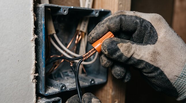 Gloved hand twisting a wire nut onto two copper conductors during electrical wiring installation