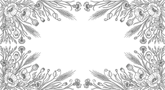 Black line art wildflower frame vector illustration, poppies, cornflowers and wheat ears corner borders, botanical engraving template for wedding invitations and greeting card designs