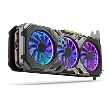 3D render of futuristic high performance gaming graphic card with RGB fans isolated on white background
