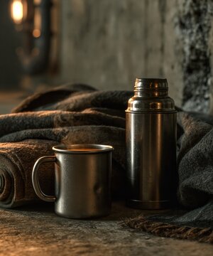 stainless steel drinking mug standing beside an old metal thermos on a cold concrete floor inside a dim underground civilian bunker