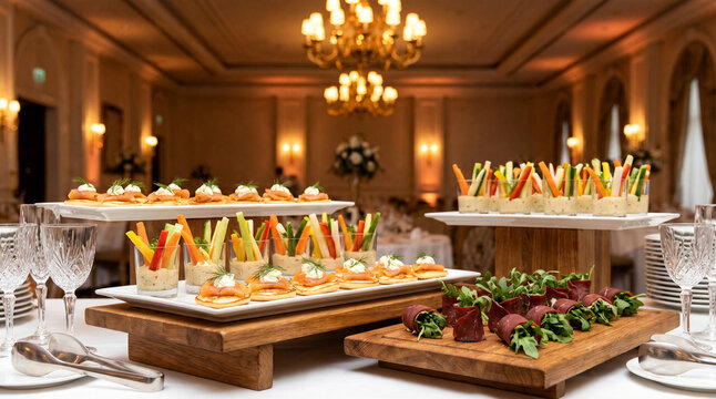 Luxury catering buffet display with smoked trout blinis and gourmet cold banquet appetizers