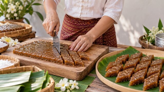 Woman cutting traditional Thai Kalamae dessert into diamond shapes