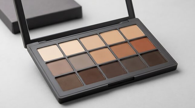 Open makeup palette with various skin tone foundation and contour shades in a black case. basic eyeshadow palette