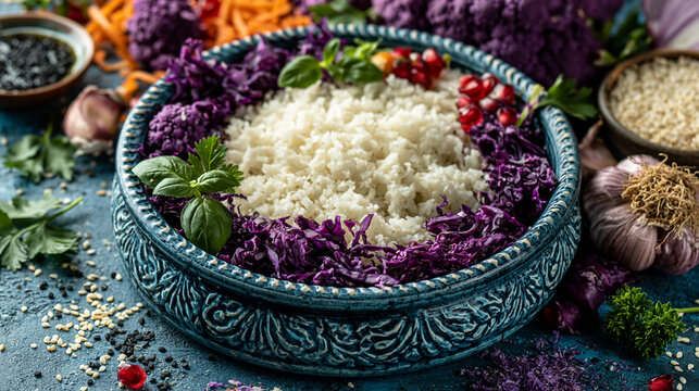 Bowl of fluffy white rice served with sliced purple cabbage and fresh aromatic basil leaves