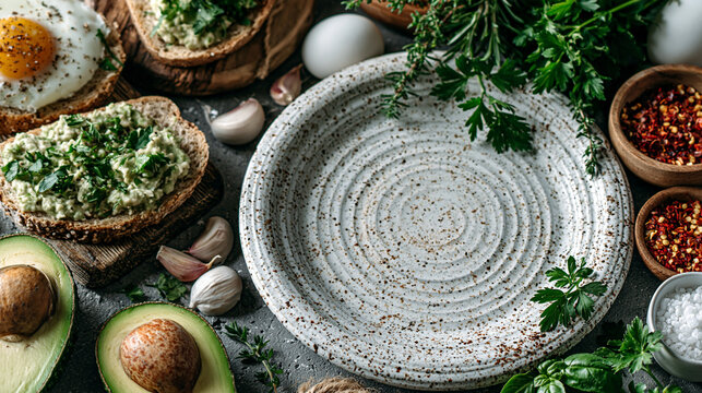 Empty rustic ceramic plate surrounded by breakfast ingredients with food styling