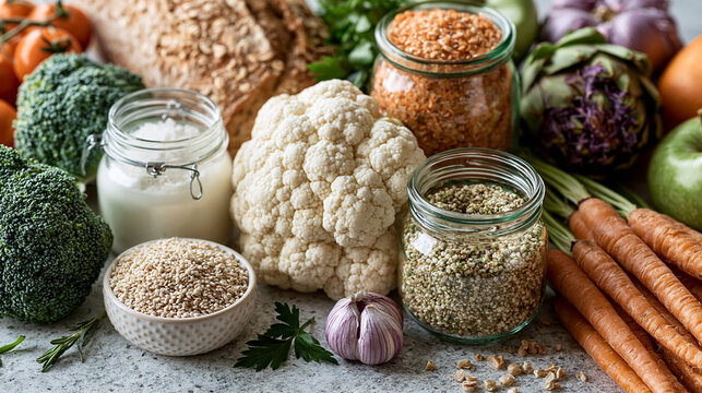 Assorted healthy ingredients including cauliflower and carrots with pantry jars on a grey table