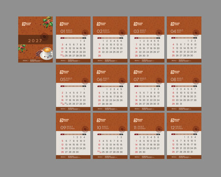 Rustic Cafe Wall Calendar 2027 with Warm Brown and Cream Minimalist Design
