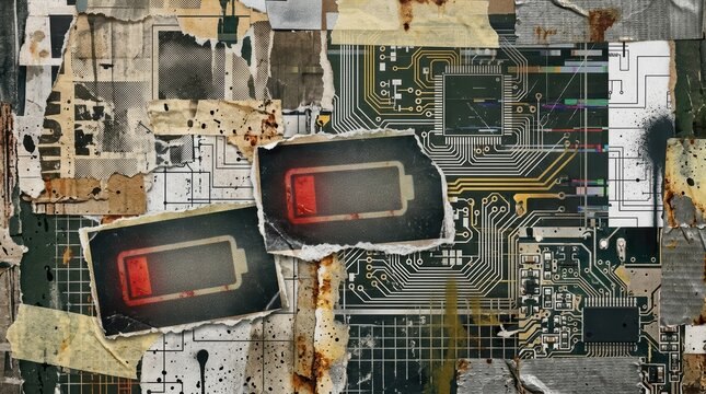 Ripped paper collage featuring low battery icons superimposed over a circuit board and distressed textures