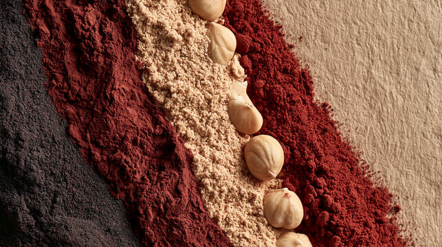 Vertical stripes of powdered cooking ingredients displayed with hazelnuts on a rustic tabletop