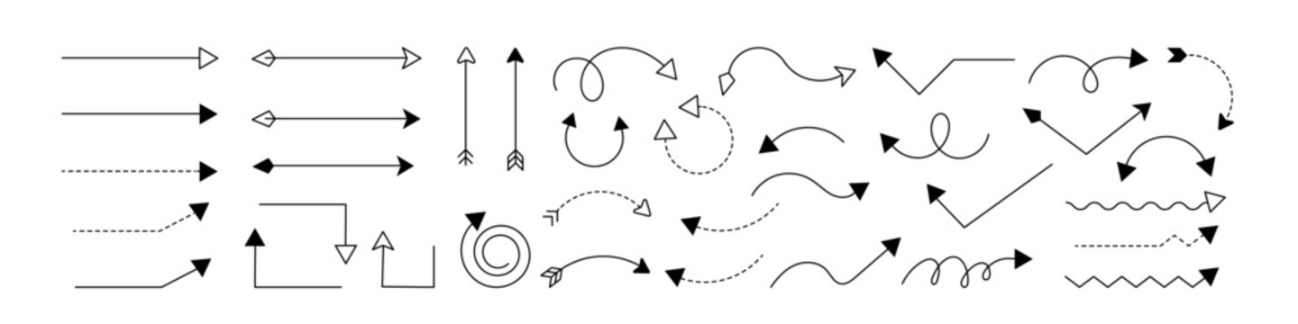 Thin arrow collection with curved and dashed pointers