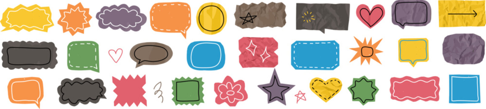 Colorful paper stickers with doodles, labels and speech bubbles