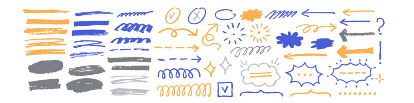 Colorful marker doodles, arrows, strokes and underlines