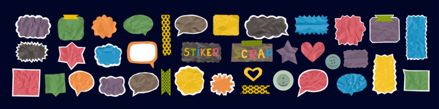 Colorful crumpled paper stickers and scrapbook labels