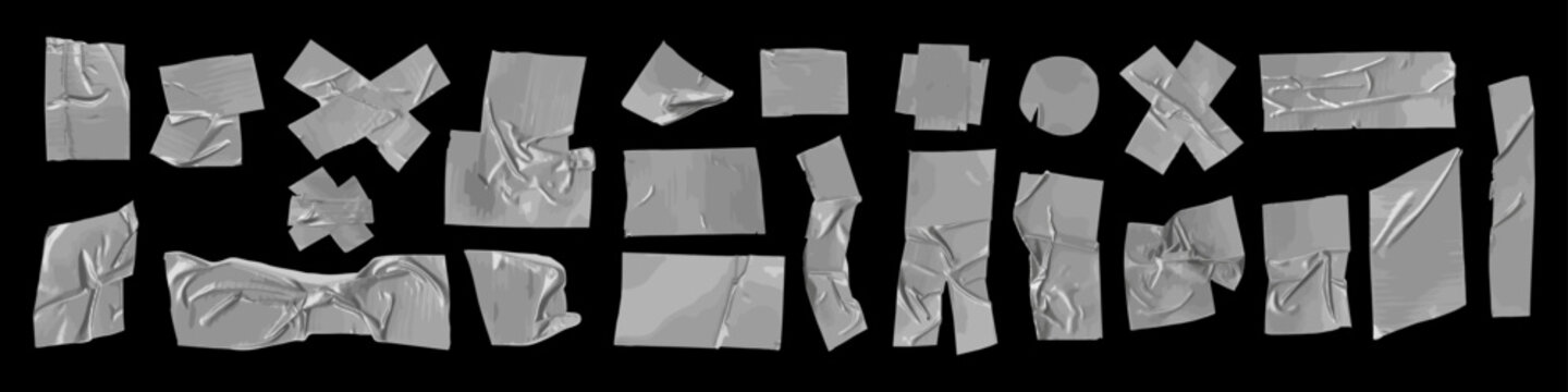 Crumpled silver adhesive tape pieces on black background