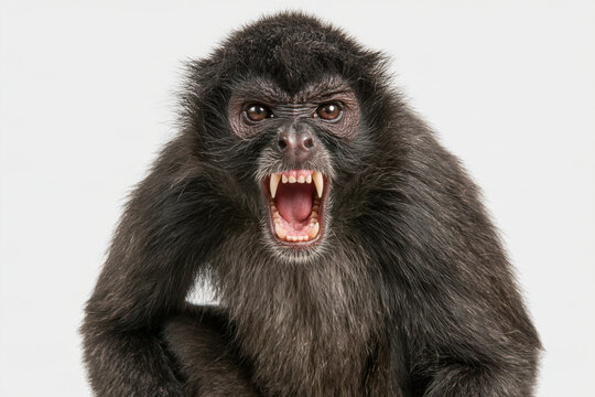 A close up view of an angry spider monkey face with wild animal behavior teeth wildlife