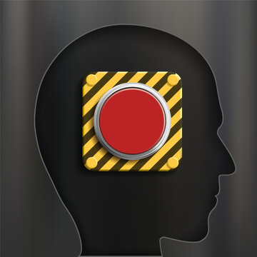 Human head in profile view with a red alarm button inside. Vector illustration