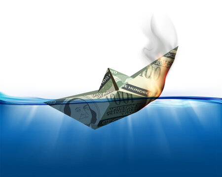 Paper boat made of paper money dollars burns and sinks in water. Vector illustration