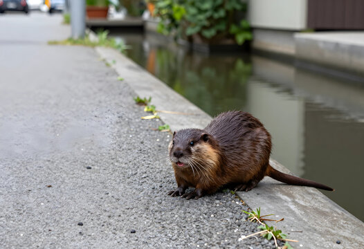 Urban wildlife and nature conservation, nutria or muskrat standing on a concrete sidewalk near a city canal, environmental adaptation in human habitat