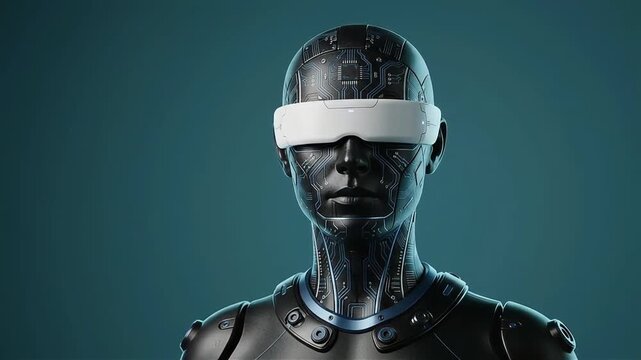 Futuristic android portrait wearing a sleek virtual reality headset against a dark teal background.