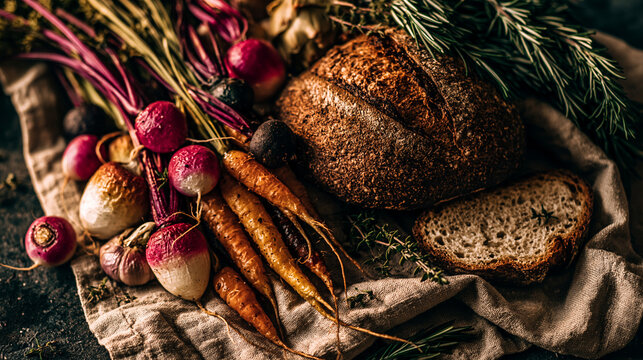 Rustic composition featuring artisan bread loaf with fresh root vegetables on linen cloth