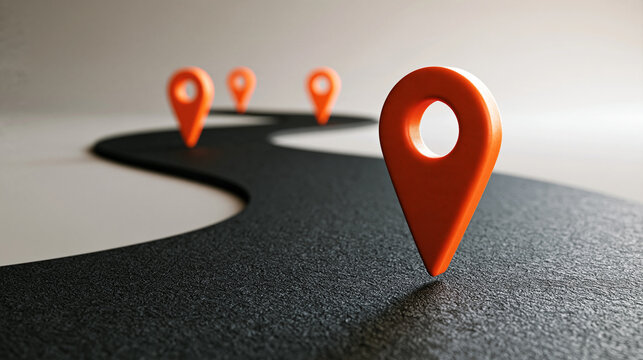 Orange map pins placed along a winding black road. Use this conceptual graphic for travel planning, logistics, and navigation services.