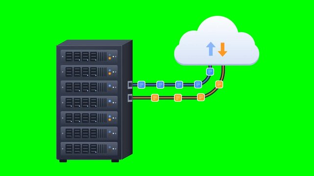 Server rack and cloud data sync animation on green screen, files upload and download along cables in seamless loop. Concept of cloud storage, backup, data transfer, hosting, network and IT technology.