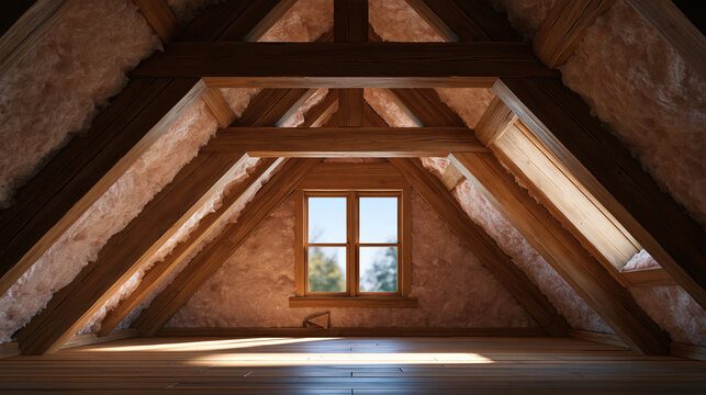 A view inside a rustic attic with wooden beams and pink fiberglass insulation. This space illustrates energy efficiency and home renovation concepts for construction projects.