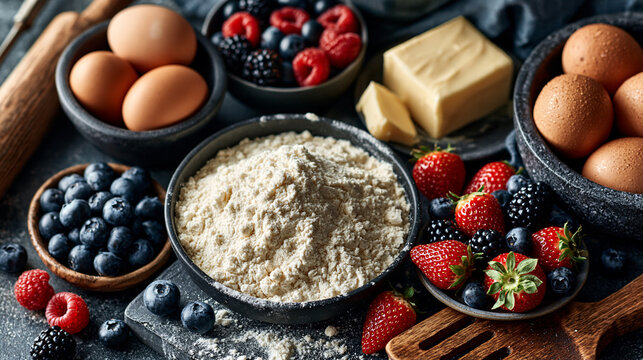 Rustic baking ingredients including fresh berries eggs and flour prepared for homemade cooking