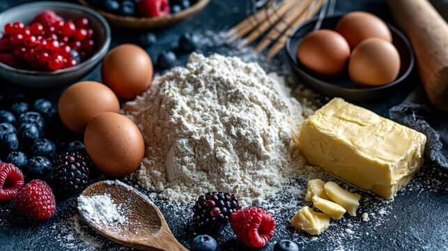 Fresh baking ingredients with flour pile eggs and assorted berries on dark surface