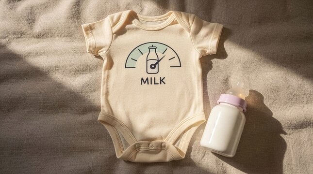 Adorable cream baby bodysuit featuring a creative milk indicator graphic, laid out on a textured linen fabric background alongside a realistic feeding bottle with white liquid.