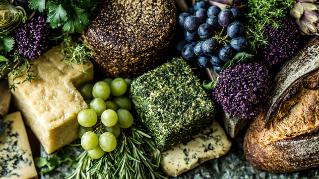 Assorted cheeses with fresh grapes and rustic loaves arranged on dark background