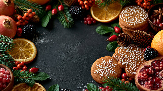 Winter holiday arrangement with ginger biscuits dried citrus and berries on dark stone