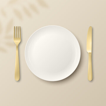 Table Setting with White Plate and Gold Cutlery. Table Setting for Restaurant, Wedding, Banquet and Fine Dining. Table Setting Vector with Dinner Plate, Fork, Knife and Formal Tableware
